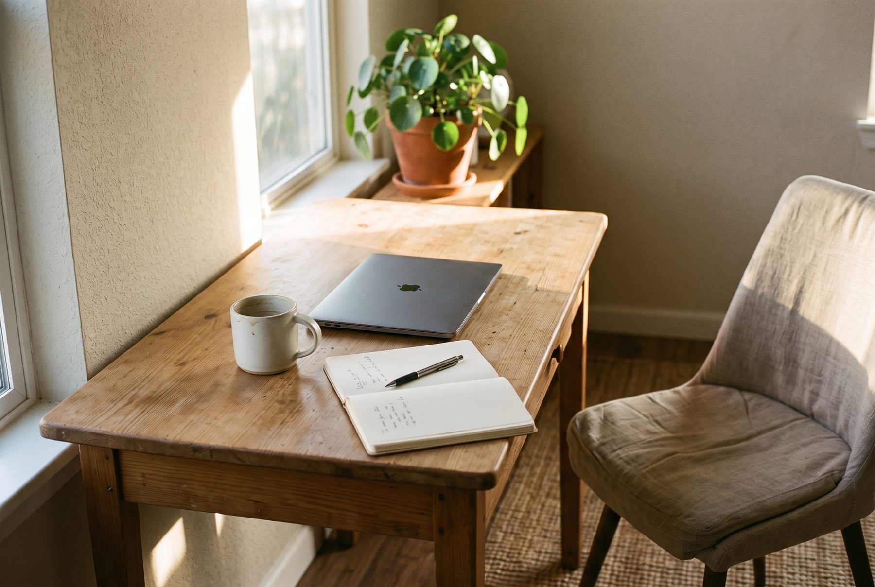 A quiet home workspace in morning light