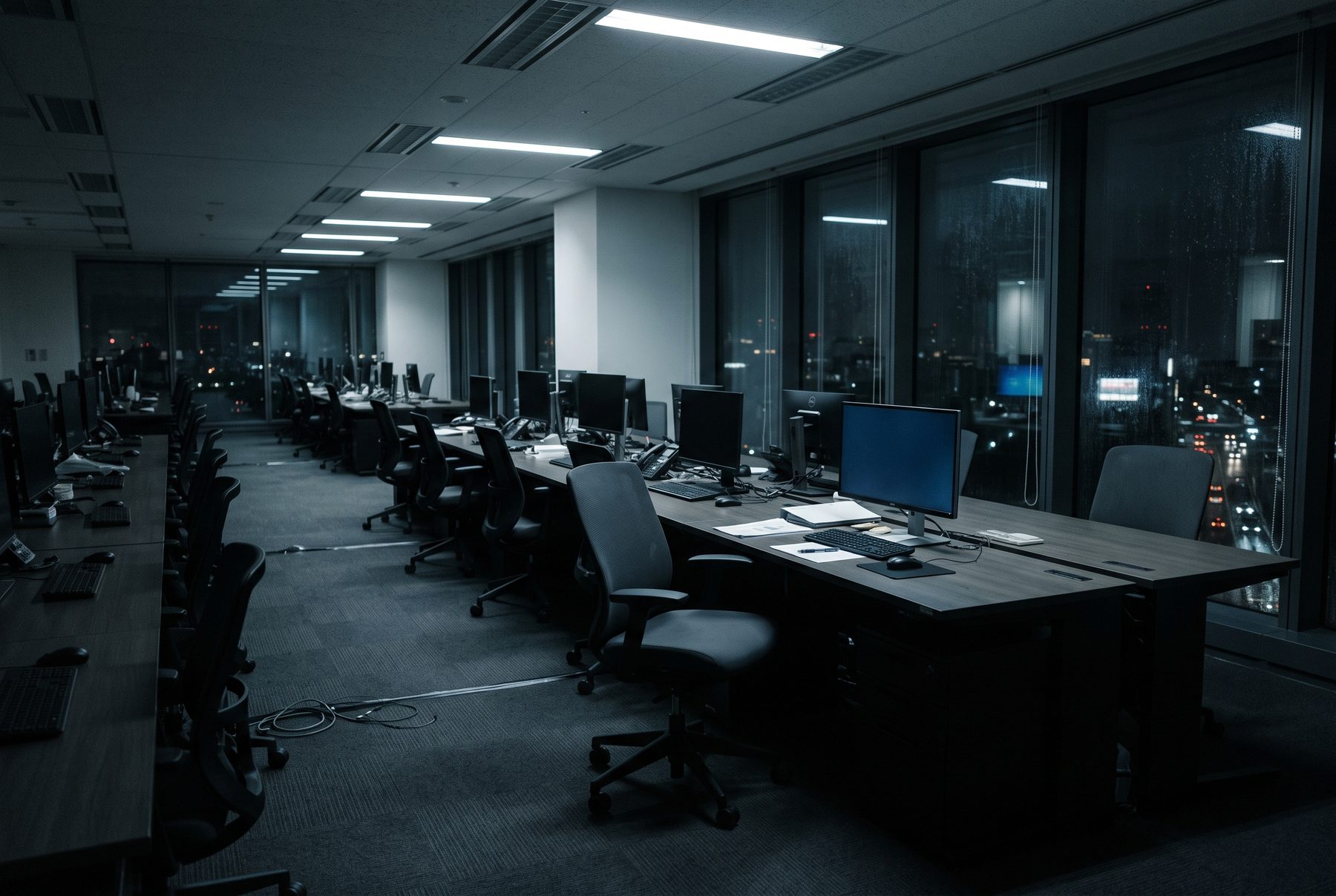 An empty open-plan office late at night